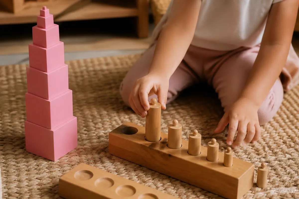 Child arranging graded wooden cylinder blocks and the pink tower on a classroom floor mat