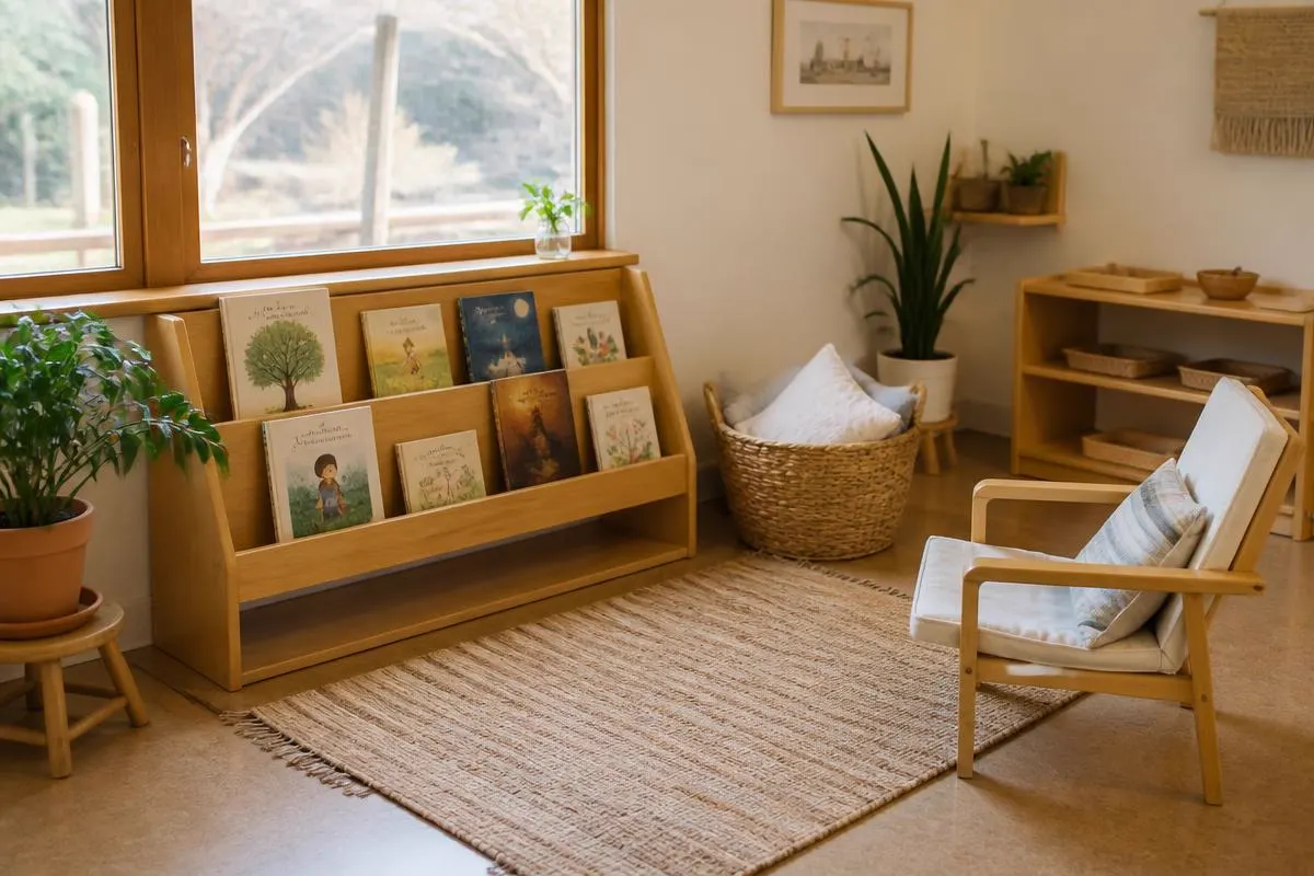 Quiet reading corner in a children's house with a low bookshelf, woven rug and daylight from a large window